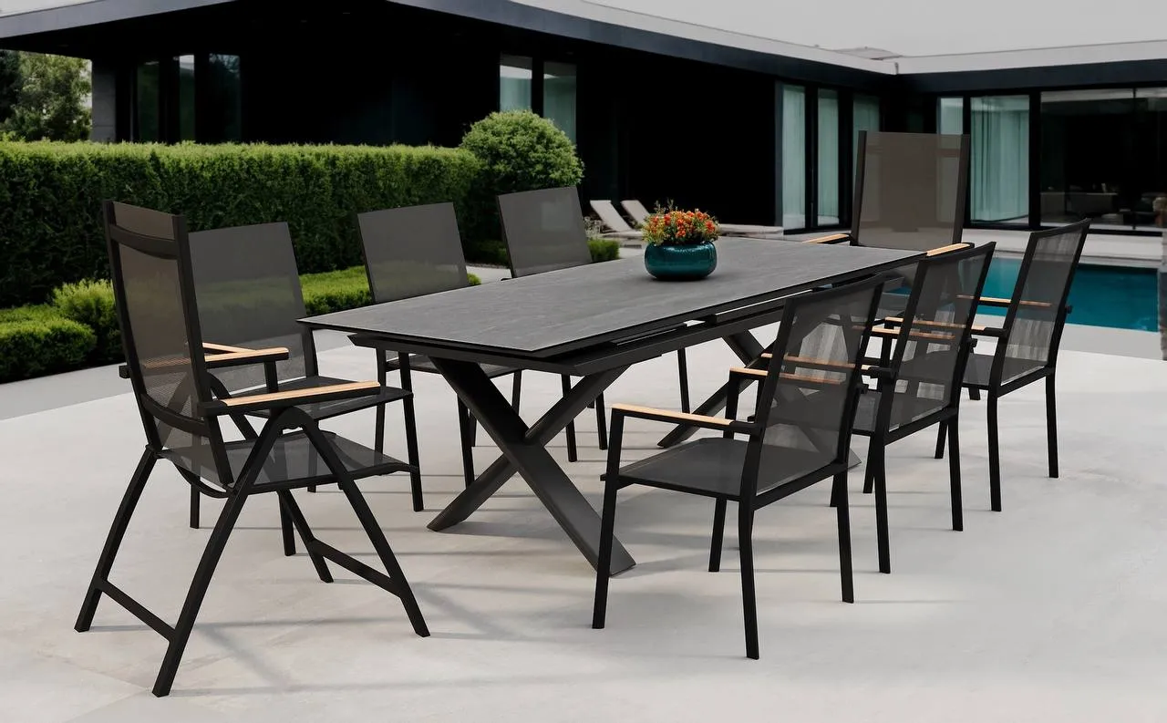 картинка Комплект обеденной мебели антрацит/серый, алюминий/спеченный камень/тик Тимро №1