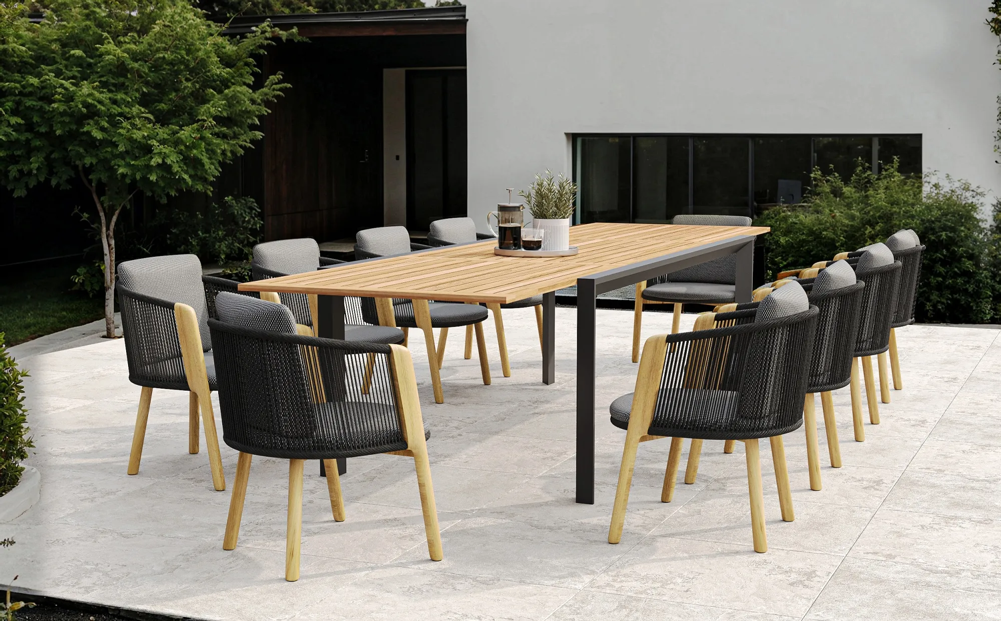 картинка Кресло обеденное черный/натуральный, тик/алюминий/веревка Авеста