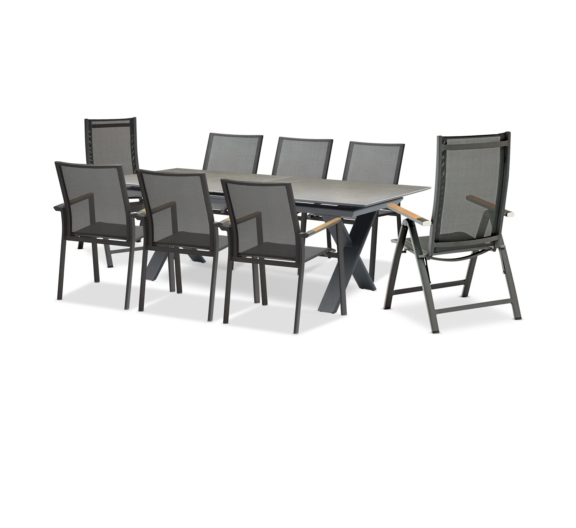 картинка Комплект обеденной мебели антрацит/серый, алюминий/спеченный камень/тик Тимро №1