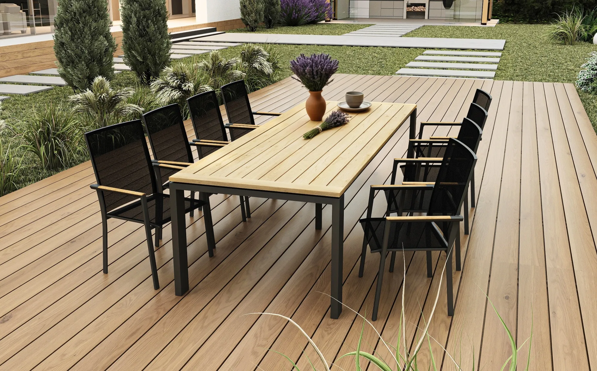 картинка Комплект обеденной мебели антрацит/натуральный, алюминий/тик Лион №3