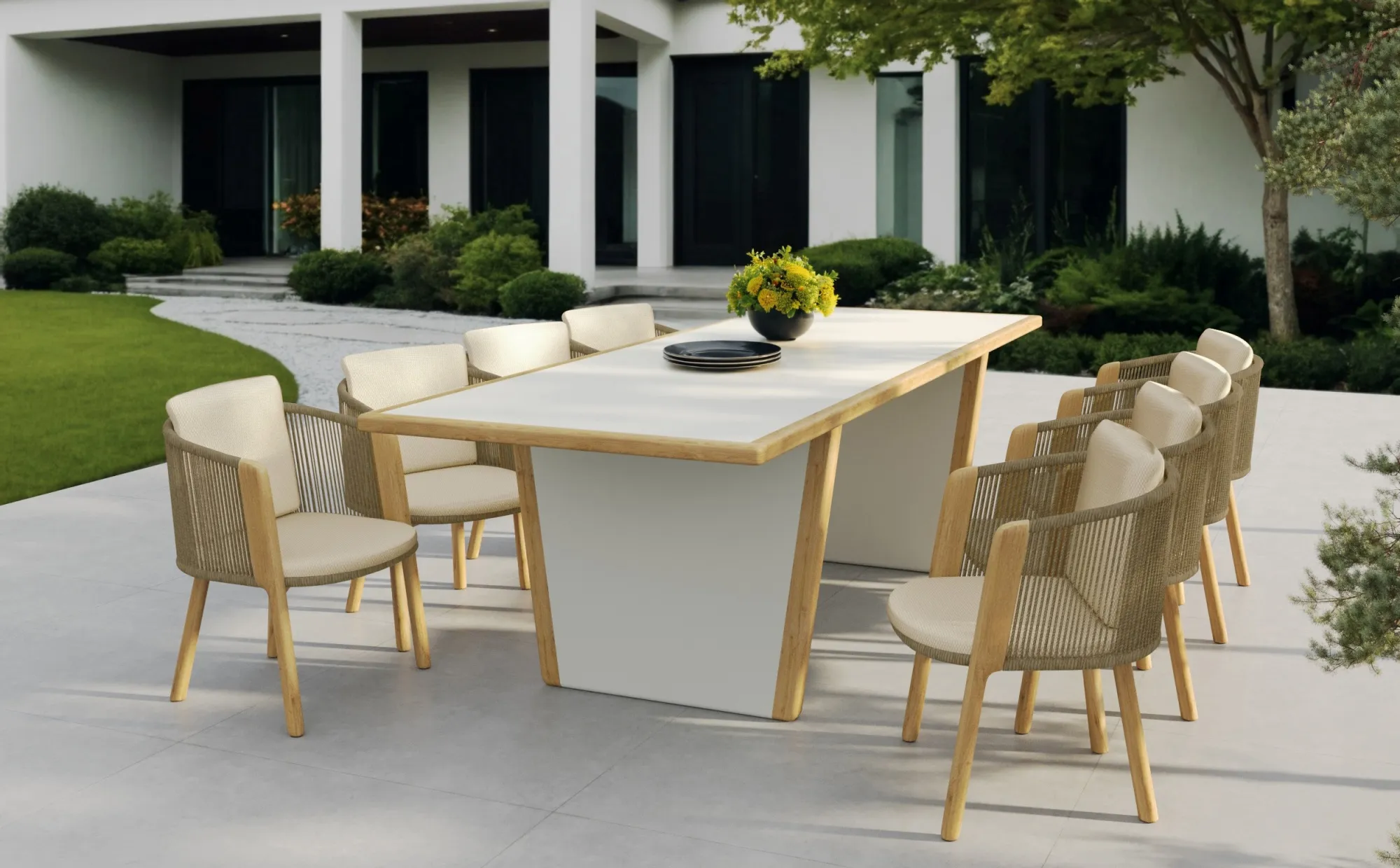 картинка Комплект обеденной мебели бежевый/светло-коричневый, керамика/тик Авеста №1